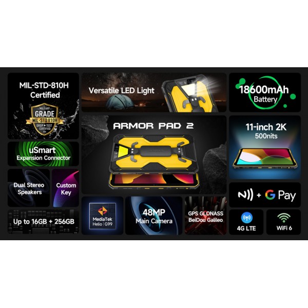 ULEFONE tablet Armor Pad 2, 11" 8/256GB, 18600mAh, IP68/IP69K, 4G, μαύρο - Mobile
