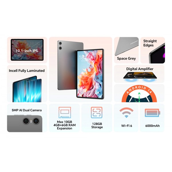 TECLAST tablet P30T, 10.1" HD, 4/128GB, Android 14, 6000mAh, γκρι - Mobile