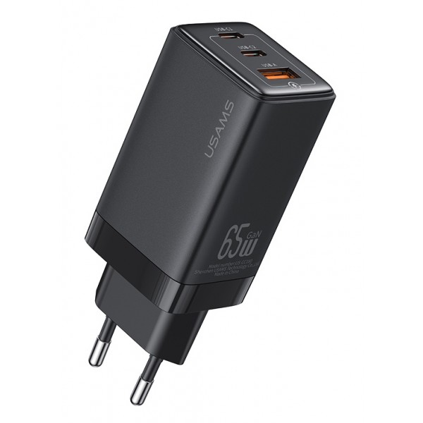 USAMS φορτιστής τοίχου US-CC180, USB & 2x USB-C, 65W PD, GaN, μαύρος - Αξεσουάρ Κινητών