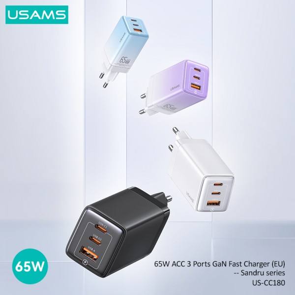 USAMS φορτιστής τοίχου US-CC180, USB & 2x USB-C, 65W PD, GaN, μαύρος - Αξεσουάρ Κινητών