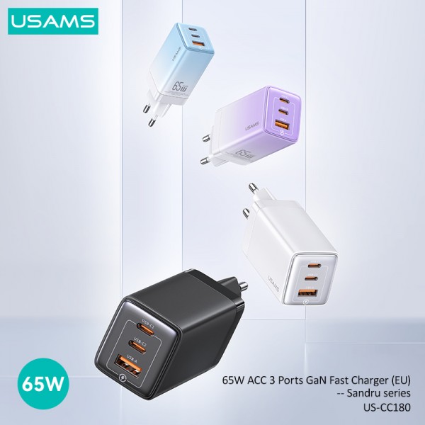 USAMS φορτιστής τοίχου US-CC180, USB & 2x USB-C, 65W PD, GaN, λευκός - Φορτιστές Κινητών