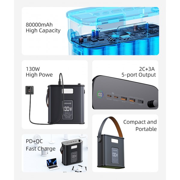 USAMS σταθμός φόρτισης USAMS-ST, καλώδιο, 5 έξοδοι, 130W 80000mAh, μαύρο - Power Bank