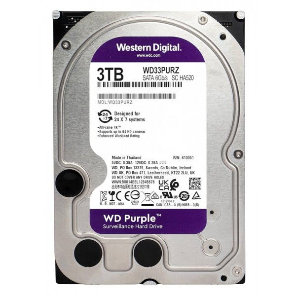 WD σκληρός δίσκος 3.5" Purple Surveillance 3TB, 256MB, 5400RPM, SATA III - WD