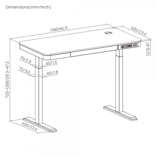 BRATECK ηλεκτρικό γραφείο S08-22DSWW με συρτάρι, 118x60x72~120cm, μαύρο