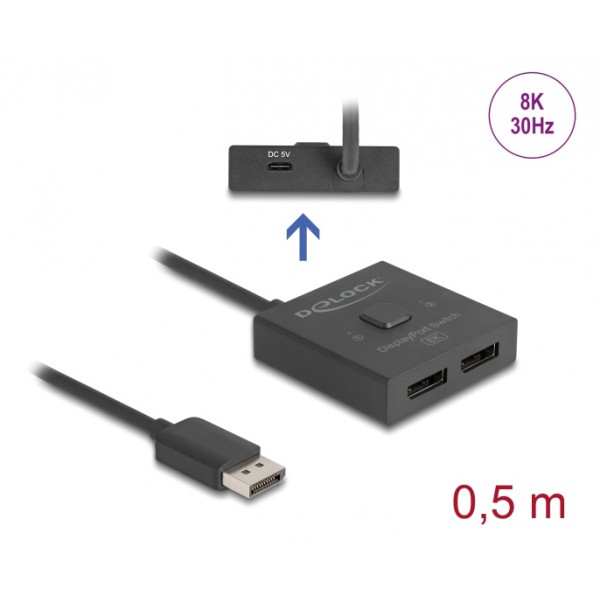 DELOCK DisplayPort switch 18906, 2 σε 1, bidirectional, 8K/30Hz, μαύρο