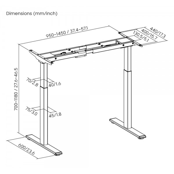 BRATECK σκελετός ηλεκτρικού γραφείου M12-22D, 95~145x60x70~118cm, μαύρο