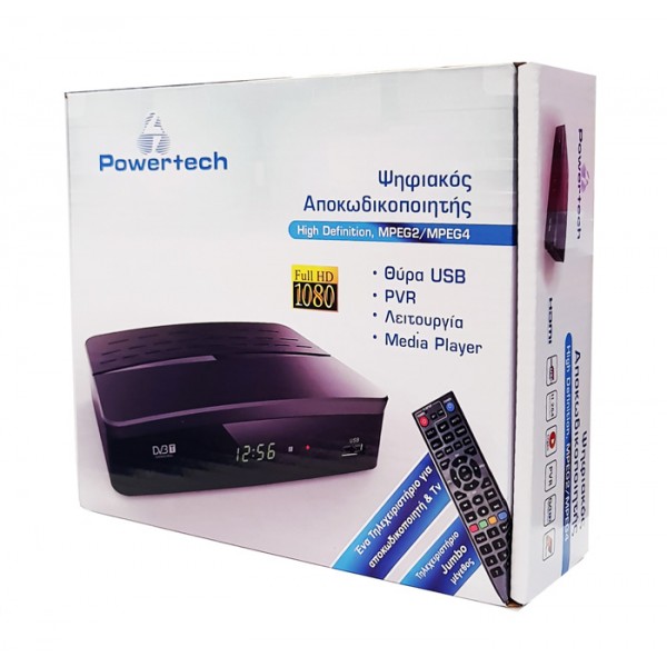 POWERTECH ψηφιακός δέκτης MPEG4 PT-370, DVB-T2, SCART & HDMI, προγρ. control - Κεραίες TV - Αποκωδικοποιητές