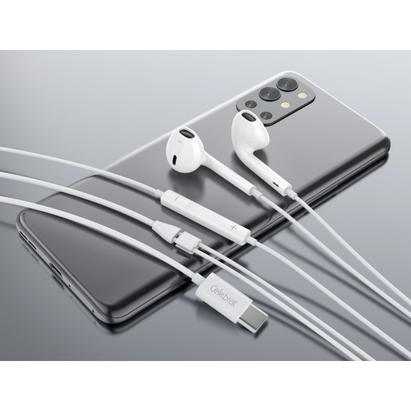 CELEBRAT earphones με μικρόφωνο E500, USB-C, 1.2m, λευκά