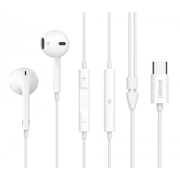 CELEBRAT earphones με μικρόφωνο E500, USB-C, 1.2m, λευκά - Mobile