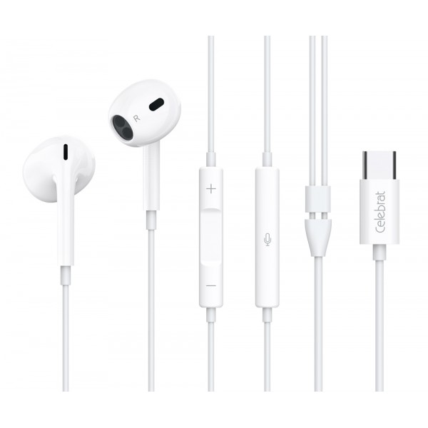 CELEBRAT earphones με μικρόφωνο E400, USB-C, 1.2m, λευκά - Mobile