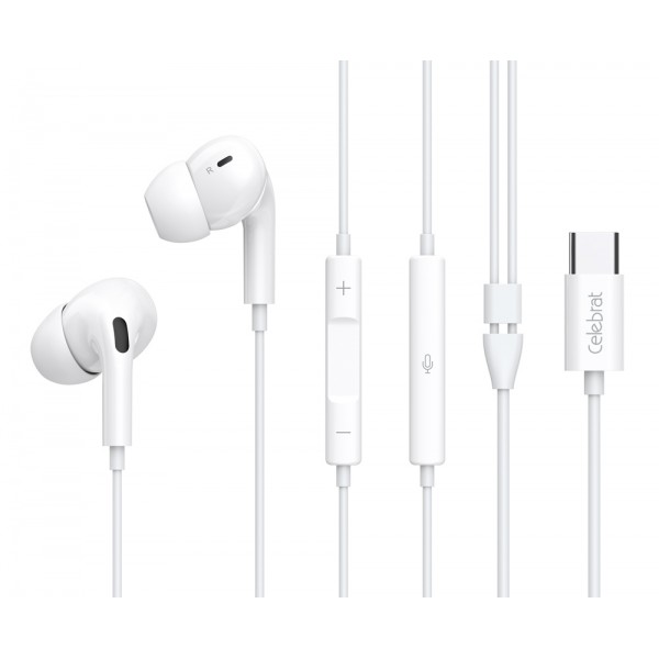 CELEBRAT earphones με μικρόφωνο E300, USB-C, 1.2m, λευκά - Mobile