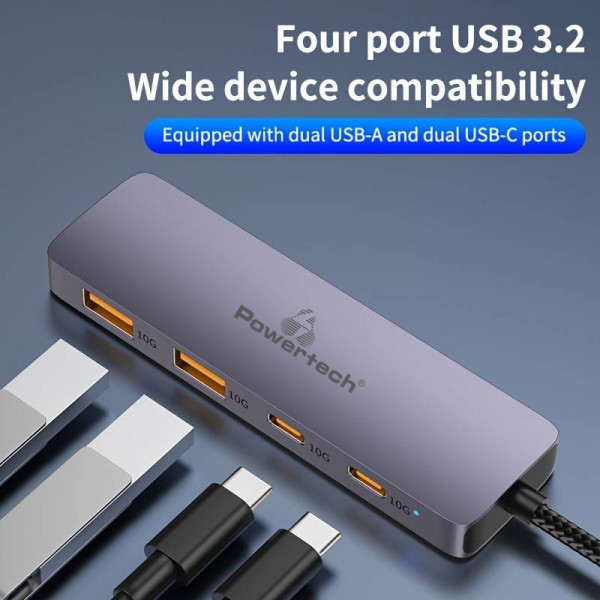 POWERTECH USB hub CAB-UC082, 4x θυρών, 10Gbps, USB-C σύνδεση, γκρι - Συνοδευτικά PC
