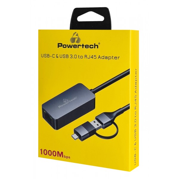 POWERTECH αντάπτορας δικτύου PTR-0149, USB & USB-C, 1000 Mbps, γκρι - Δικτυακά