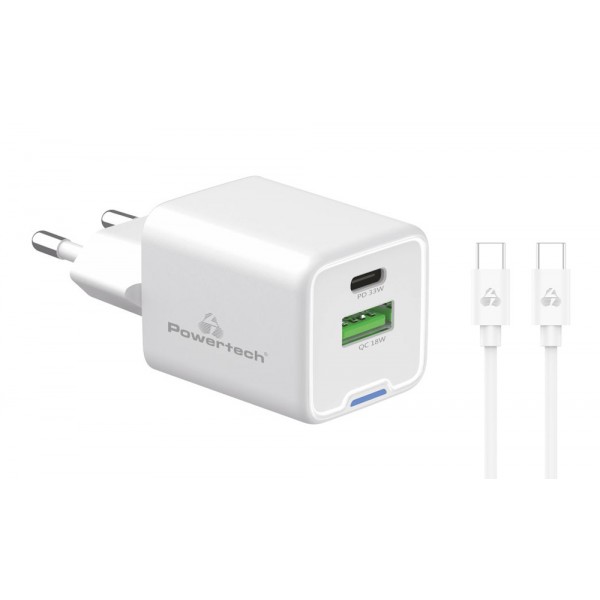 POWERTECH φορτιστής τοίχου PT-1224, καλώδιο, USB/USB-C, 33W, GaN, λευκός - Φορτιστές Κινητών