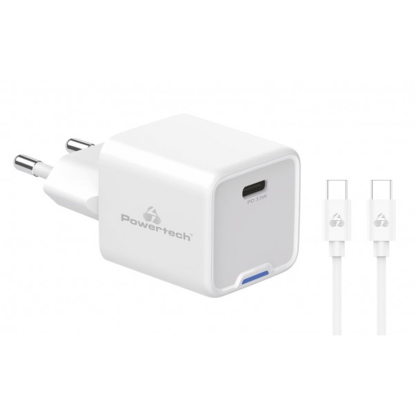 POWERTECH φορτιστής τοίχου PT-1225 με καλώδιο, USB-C, 33W, GaN, λευκός - Φορτιστές Κινητών