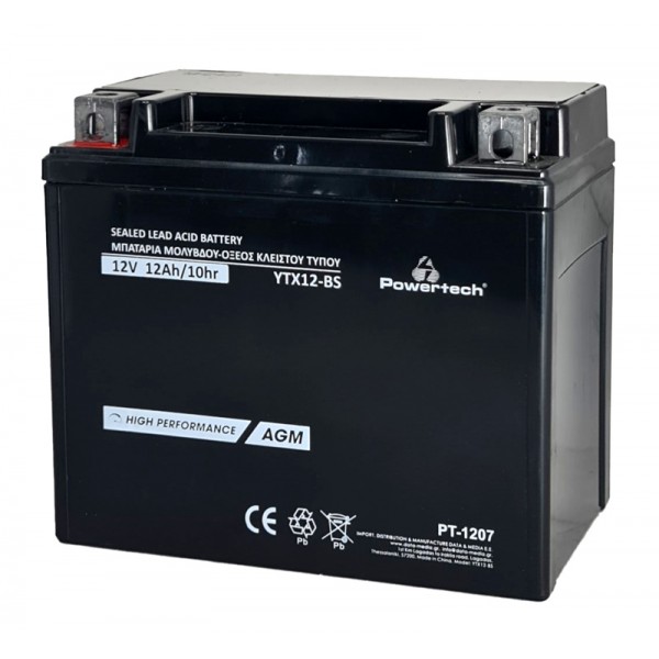 POWERTECH μπαταρία μολύβδου μοτοσυκλέτας PT-1207, 12V 12Ah AGM, YTX12-BS - Powertech