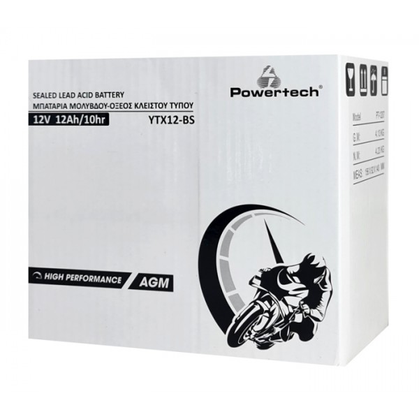 POWERTECH μπαταρία μολύβδου μοτοσυκλέτας PT-1207, 12V 12Ah AGM, YTX12-BS - Powertech