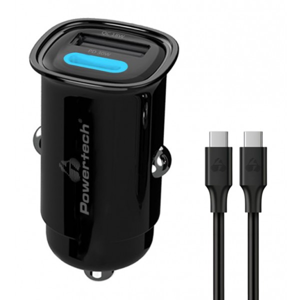 POWERTECH φορτιστής αυτοκινήτου PT-1229, καλώδιο, USB/USB-C, 30W, μαύρος - Φορτιστές Κινητών