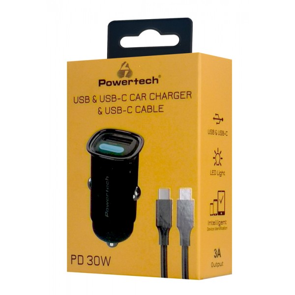 POWERTECH φορτιστής αυτοκινήτου PT-1229, καλώδιο, USB/USB-C, 30W, μαύρος - Φορτιστές Κινητών