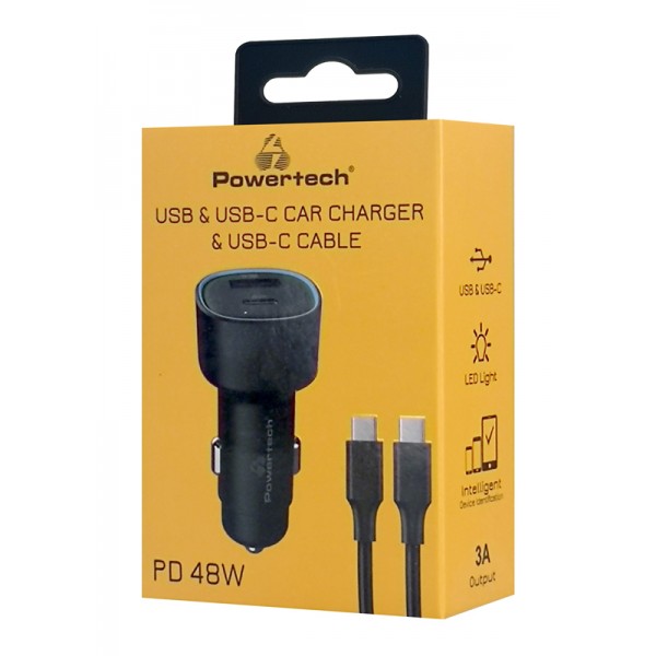 POWERTECH φορτιστής αυτοκινήτου PT-1230, καλώδιο, USB/USB-C, 48W, μαύρος - Φορτιστές Κινητών