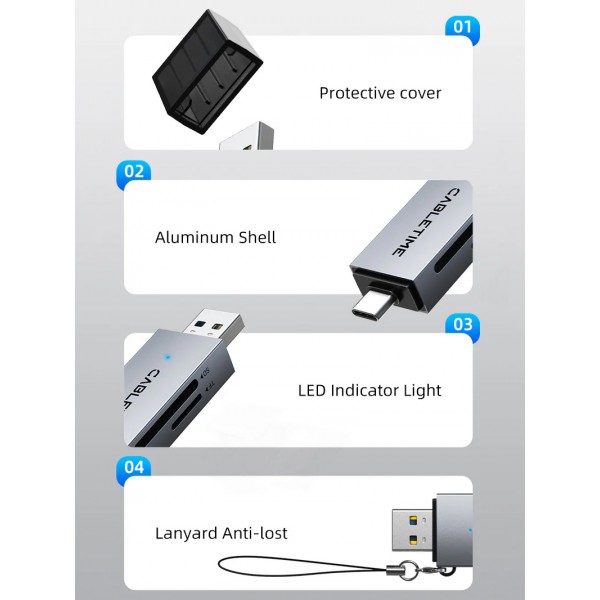 CABLETIME card reader CT-ACSD3-AG, SD/micro SD, USB/USB-C, 5Gbps, γκρι