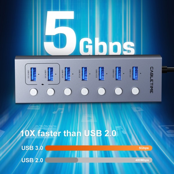 CABLETIME USB hub CT-HUBU7-AG, 7x θυρών, 5Gbps, USB σύνδεση, 1m, γκρι
