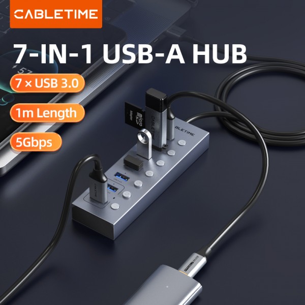 CABLETIME USB hub CT-HUBU7-AG, 7x θυρών, 5Gbps, USB σύνδεση, 1m, γκρι - USB Hubs - Card Readers