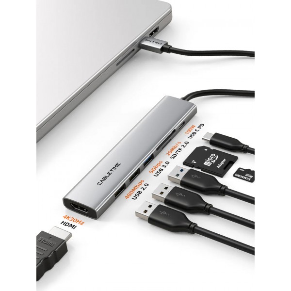 CABLETIME docking station CT-HBP2-AG7, 7 θυρών, USB-C, 4K, 100W, γκρι - CABLETIME