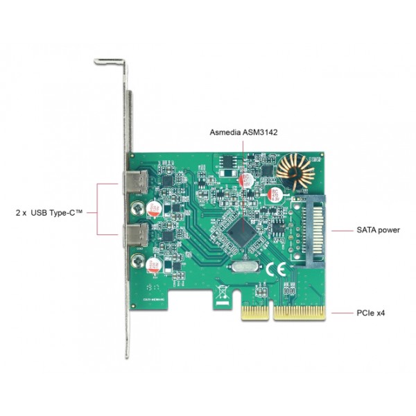 DELOCK κάρτα επέκτασης PCI Express x4 σε 2x USB-C 90397, 10 Gbps - Κάρτες Επέκτασης PCI κ.α