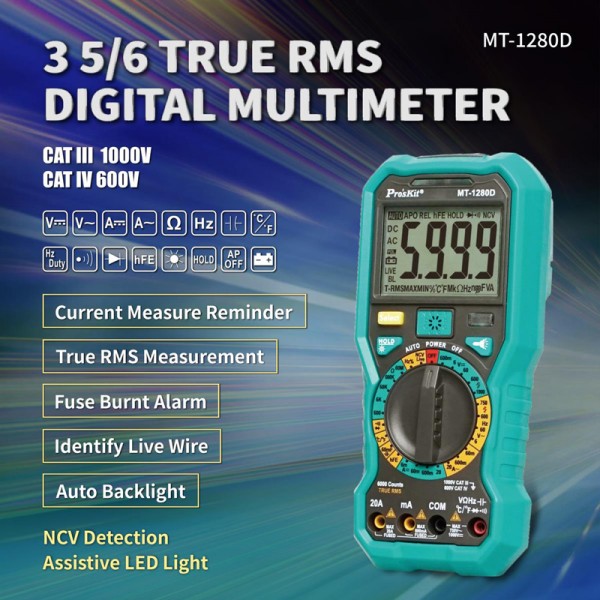PROSKIT ψηφιακό πολύμετρο MT-1280D, 1000V DC, NVC, True RMS - PROSKIT