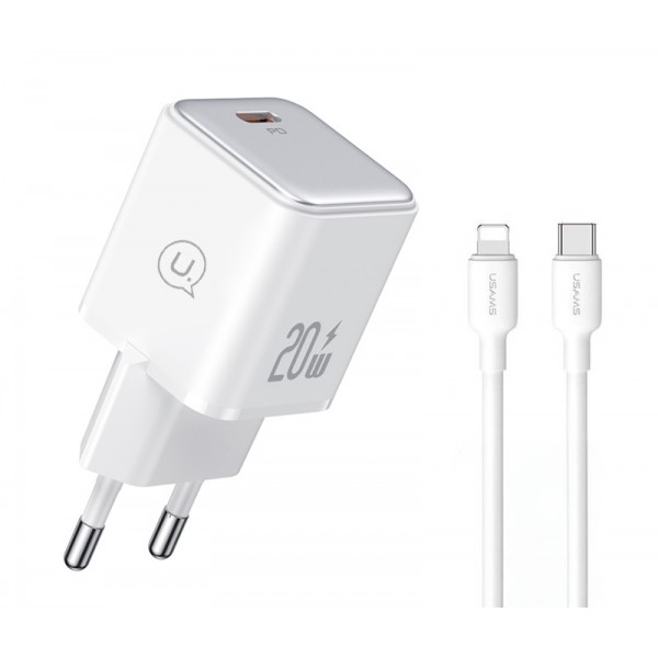 USAMS φορτιστής τοίχου US-YX με καλώδιο Lightning, USB-C 20W, λευκός - Φορτιστές Κινητών