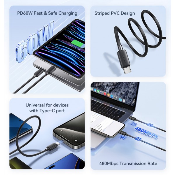 USAMS καλώδιο USB-C σε USB-C US-SJ691, 60W, 480Mbps, 1m, μαύρο - USAMS