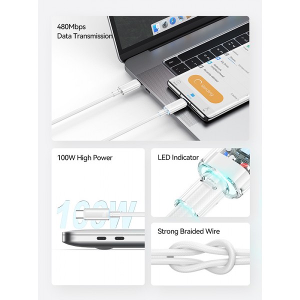 USAMS καλώδιο USB-C σε USB-C US-SJ660, 100W, 480Mbps, 1.2m, μαύρο - USAMS