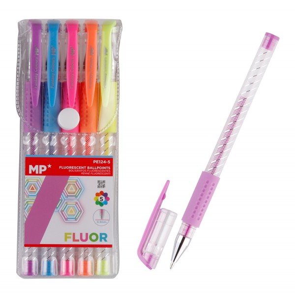 MP σετ στυλό fluorescent ballpoint PE124-5, 0.9mm, πολύχρωμα, 5τμχ - Γραφική Ύλη