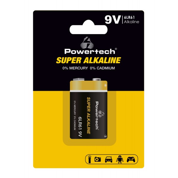 POWERTECH αλκαλική μπαταρία Super Alkaline PT-1215, 9V, 1τμχ - Μπαταρίες Αλκαλικές