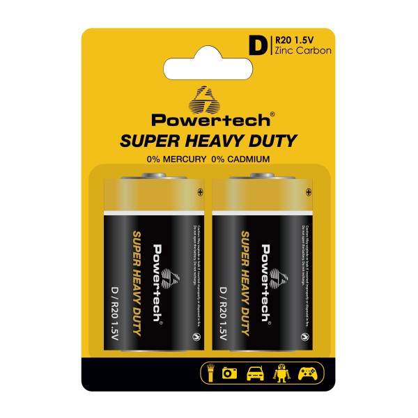 POWERTECH μπαταρίες Zinc Carbon Super Heavy Duty PT-1222, R20 1.5V, 2τμχ - Μπαταρίες Αλκαλικές