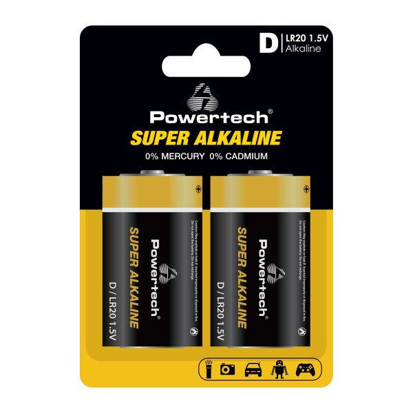 POWERTECH αλκαλικές μπαταρίες Super Alkaline PT-1217, LR20, 1.5V, 2τμχ - Μπαταρίες Αλκαλικές