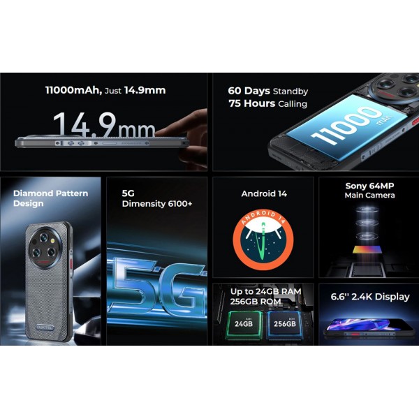 OUKITEL smartphone WP35 5G, 6.6", 8/256GB, IP68/IP69K, 11000mAh, γκρι - Smartphones