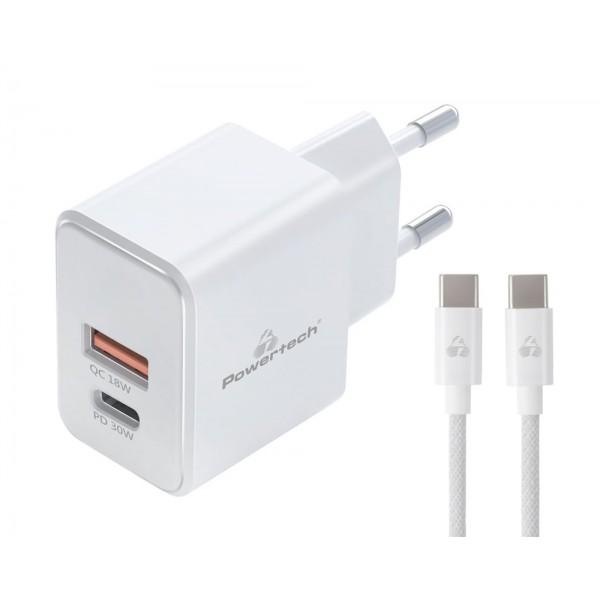 POWERTECH φορτιστής τοίχου PT-1249, καλώδιο, USB/USB-C, 30W, GaN, λευκός - Φορτιστές Κινητών