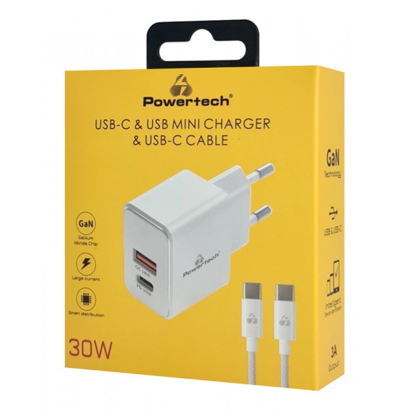 POWERTECH φορτιστής τοίχου PT-1249, καλώδιο, USB/USB-C, 30W, GaN, λευκός - Φορτιστές Κινητών