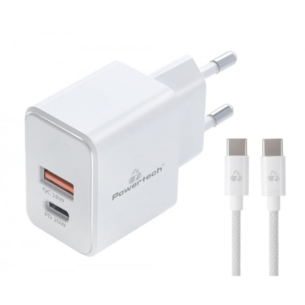 POWERTECH φορτιστής τοίχου PT-1248, καλώδιο, USB/USB-C, 20W, GaN, λευκός - Φορτιστές Κινητών