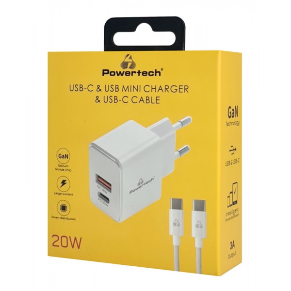 POWERTECH φορτιστής τοίχου PT-1248, καλώδιο, USB/USB-C, 20W, GaN, λευκός - Φορτιστές Κινητών