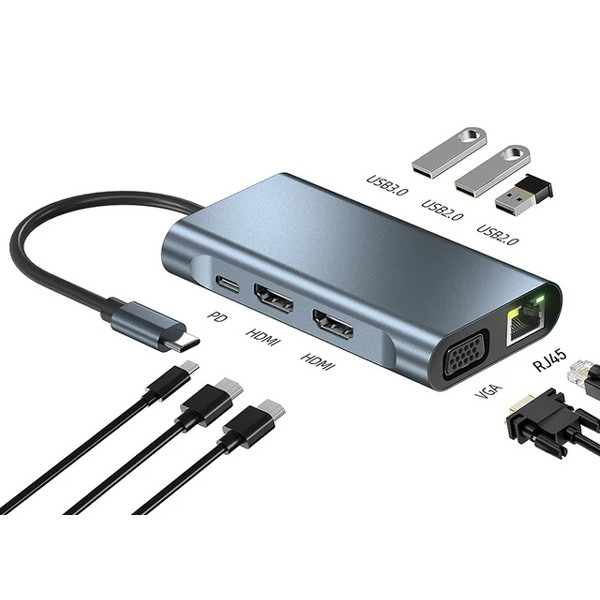 POWERTECH docking station BYL-2311 8 θυρών, USB-C σύνδεση, 100W PD, γκρι - Docking Station