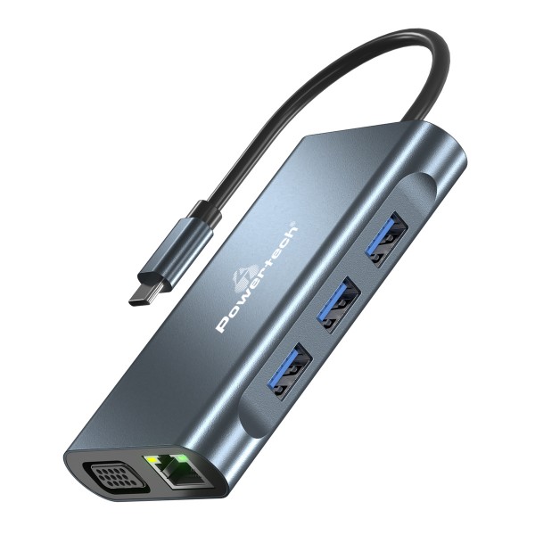 POWERTECH docking station BYL-2311 8 θυρών, USB-C σύνδεση, 100W PD, γκρι - Docking Station