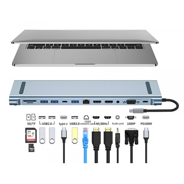 POWERTECH docking station BYL-2003U2, 12 θυρών, βάση laptop, USB-C, γκρι - Powertech