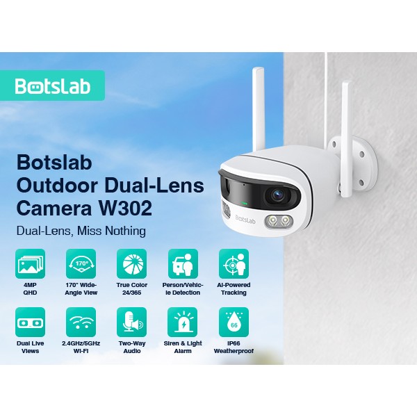 BOTSLAB smart κάμερα W302, 4MP/3K, dual lens, WiFi, SD, IP66 - Smart Κάμερες