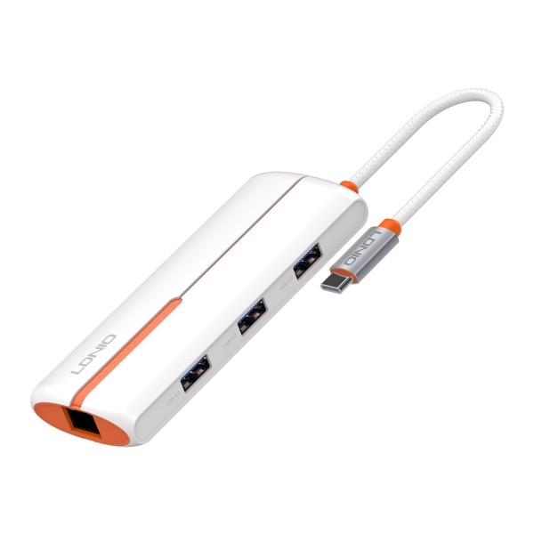 LDNIO USB hub DS-26U με θύρα δικτύου, 6 θυρών, USB-C σύνδεση, 100W PD, λευκό - Κάρτες Δικτύου - USB Dongles