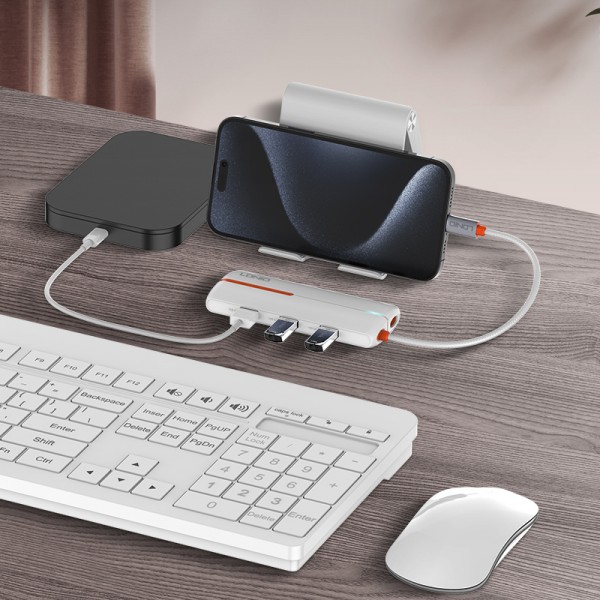 LDNIO USB hub DS-26U με θύρα δικτύου, 6 θυρών, USB-C σύνδεση, 100W PD, λευκό - Κάρτες Δικτύου - USB Dongles