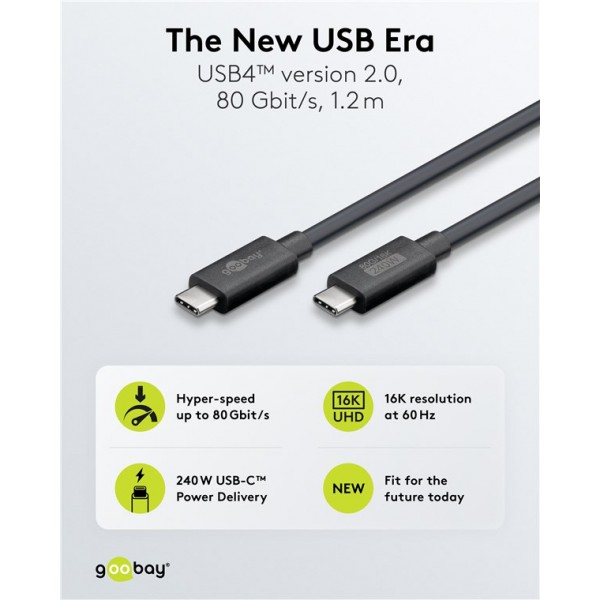 GOOBAY καλώδιο USB-C 74376, USB4, 240W, 80Gbps, 16K/60Hz, 1.2m, μαύρο - GOOBAY