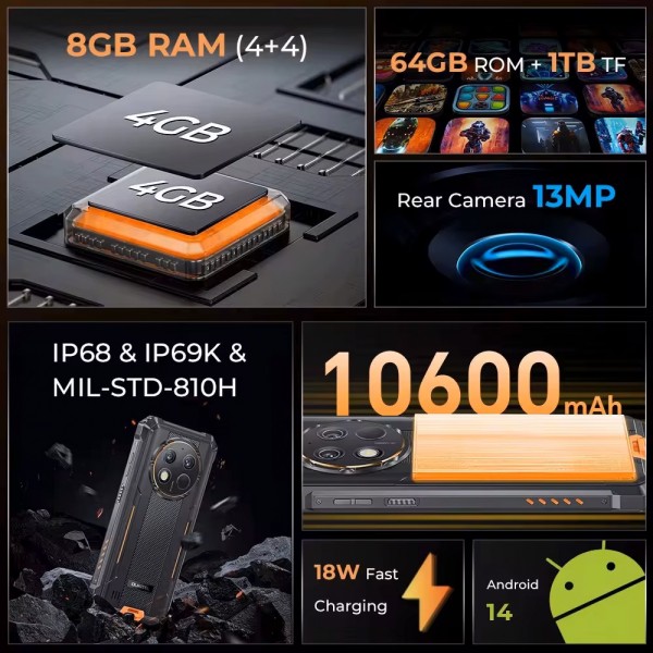 OUKITEL smartphone WP28E, 6.52", 4/64GB, IP68/IP69K, 10600mAh, μαύρο - Smartphones